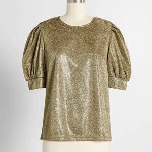 Modcloth NWT Puff Sleeve Gold Metallic Too Glitzy To Function Glam Top Size XL